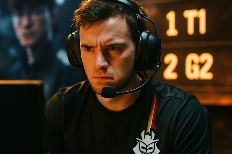 G2 esports player focused on the screen in a competitive gaming setup.