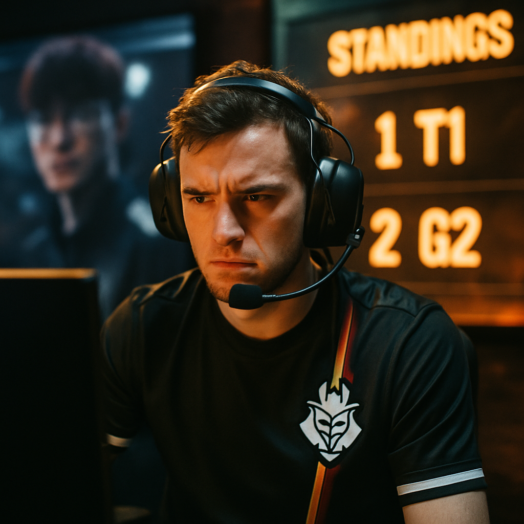 G2 esports player focused on the screen in a competitive gaming setup.