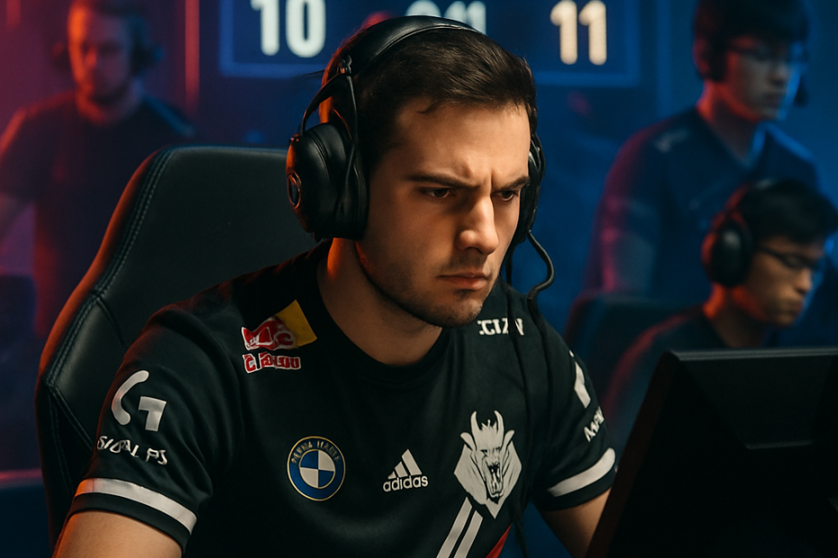 A focused G2 esports player in action with neon lighting and a competitive atmosphere