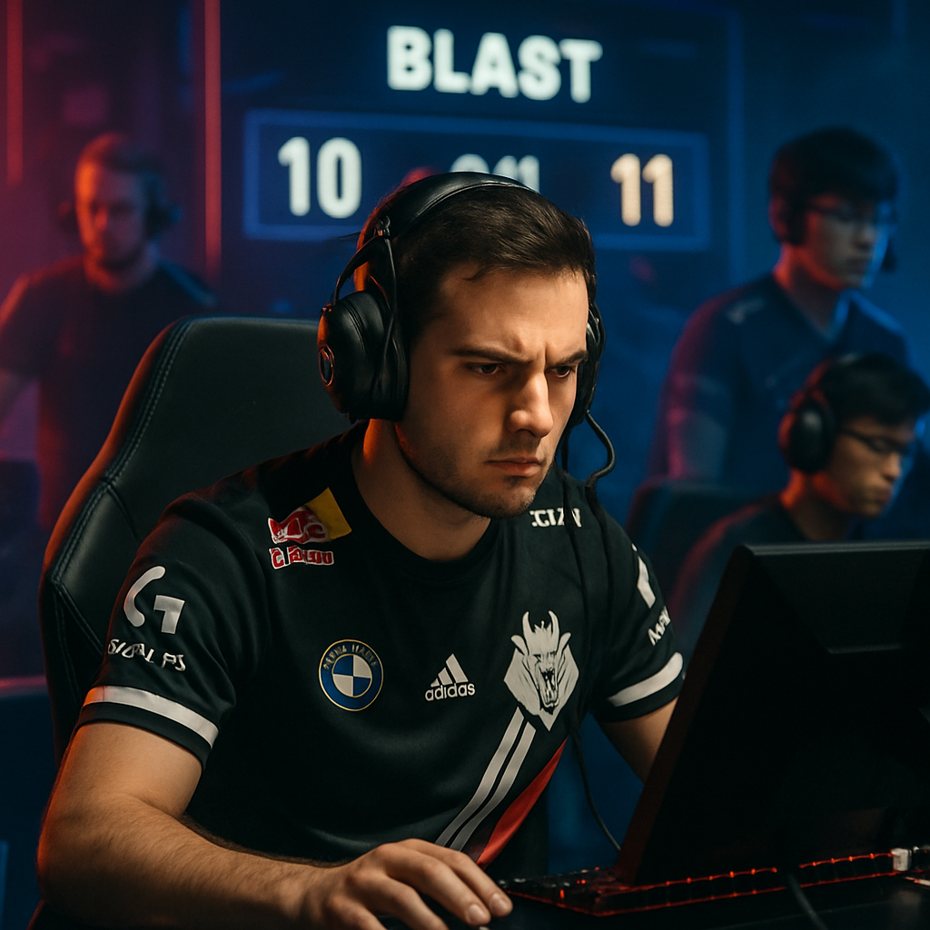 A focused G2 esports player in action with neon lighting and a competitive atmosphere
